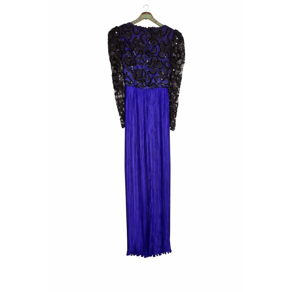 Vintage 1990s Lillie Rubin Royal Blue Sequin Lace Satin Pleat Evening Gown, 8 - Picture 9 of 13